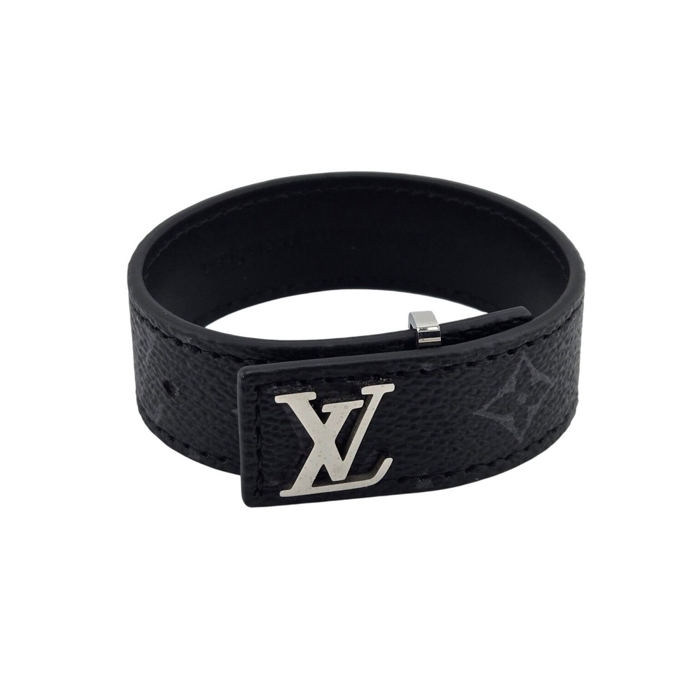 Louis Vuitton Monogram Eclipse LV Slim Bracelet Black Leather Silver Buckle 21